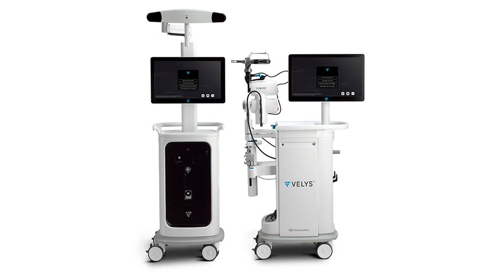 VELYS system — surgical navigation cart and robotic arm cart (DePuy Synthes)